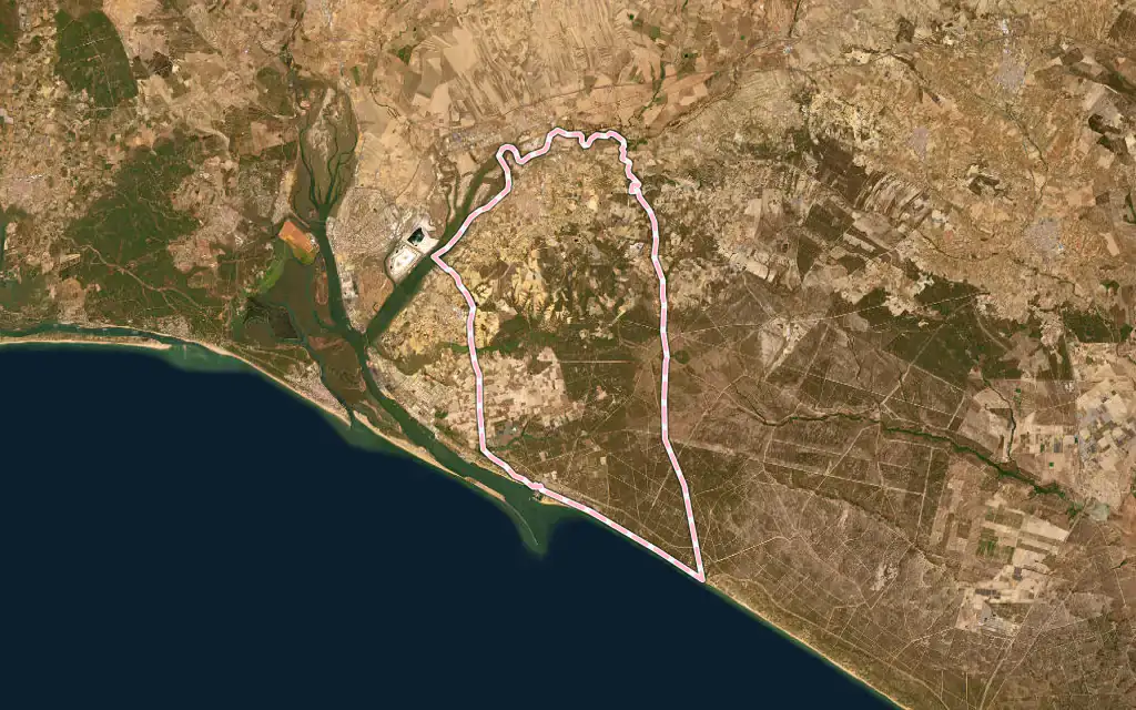 Vista satélite de Moguer con su contorno administrativo