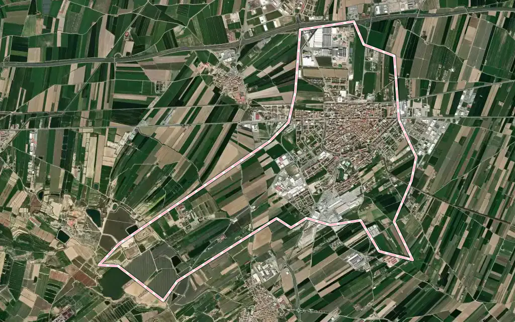 Vista satélite de Mollerussa con su contorno administrativo