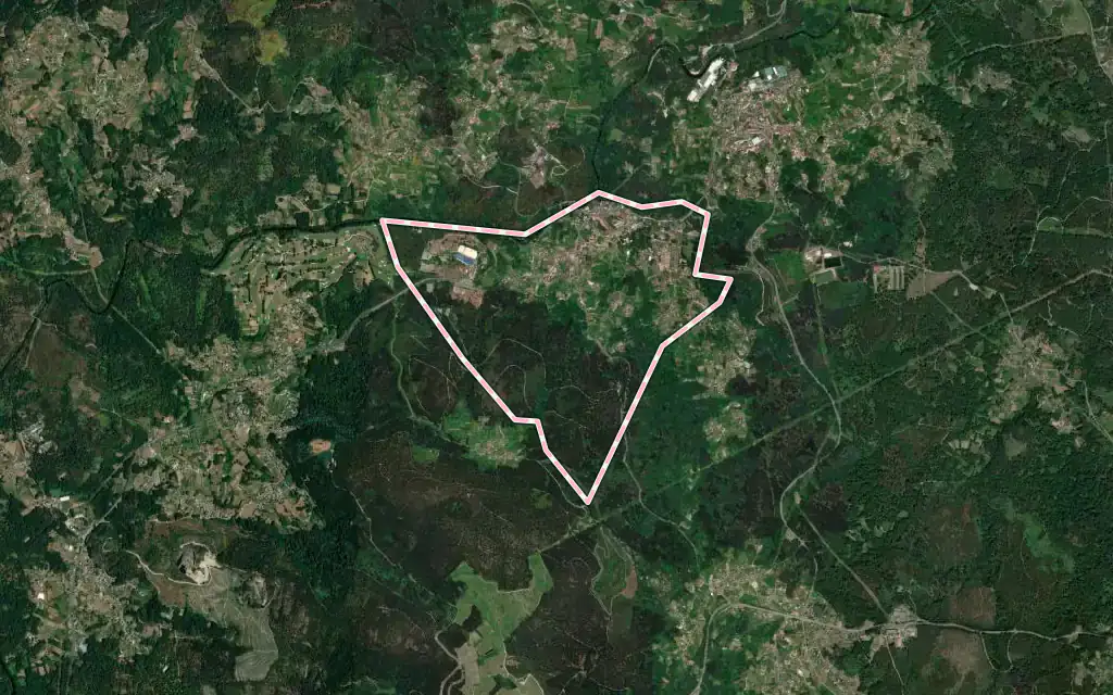 Vista satélite de Mondariz Balneario con su contorno administrativo