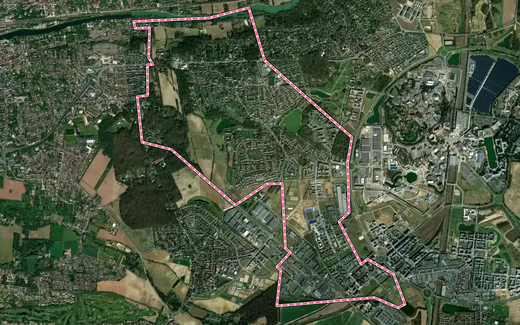 Vue satellite de Montévrain avec ses contours administratifs