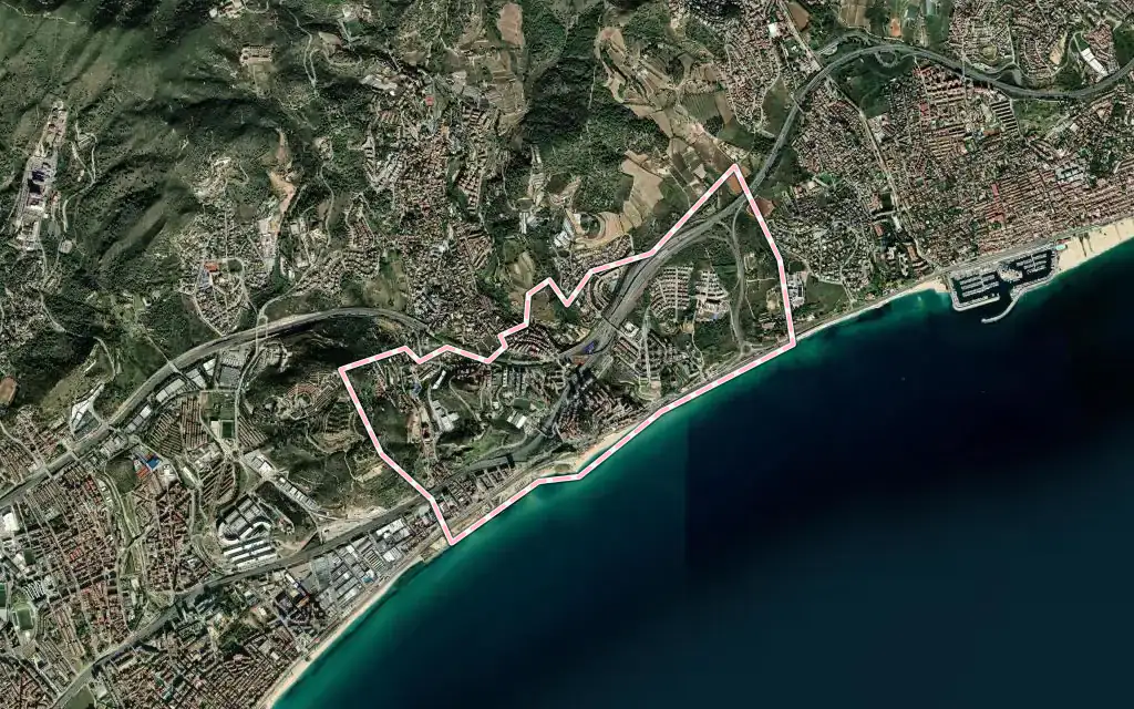 Vista satélite de Montgat con su contorno administrativo