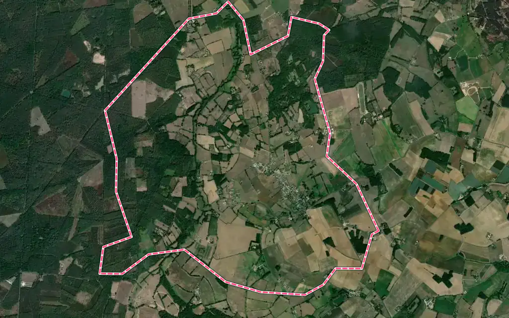 Vue satellite de Montigné-lès-Rairies avec ses contours administratifs