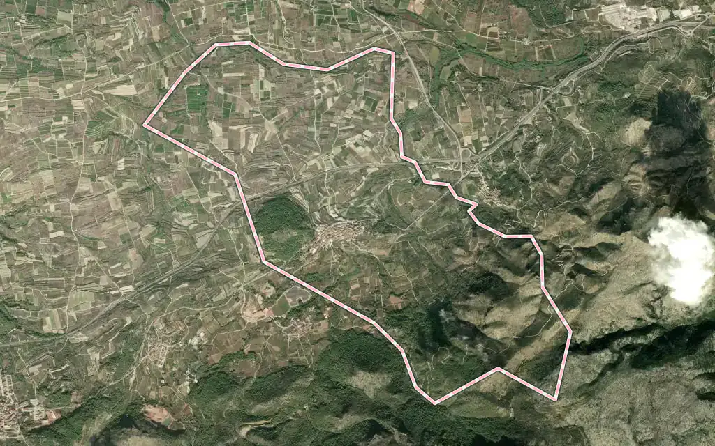 Vista satélite de Montitxelvo / Montichelvo con su contorno administrativo