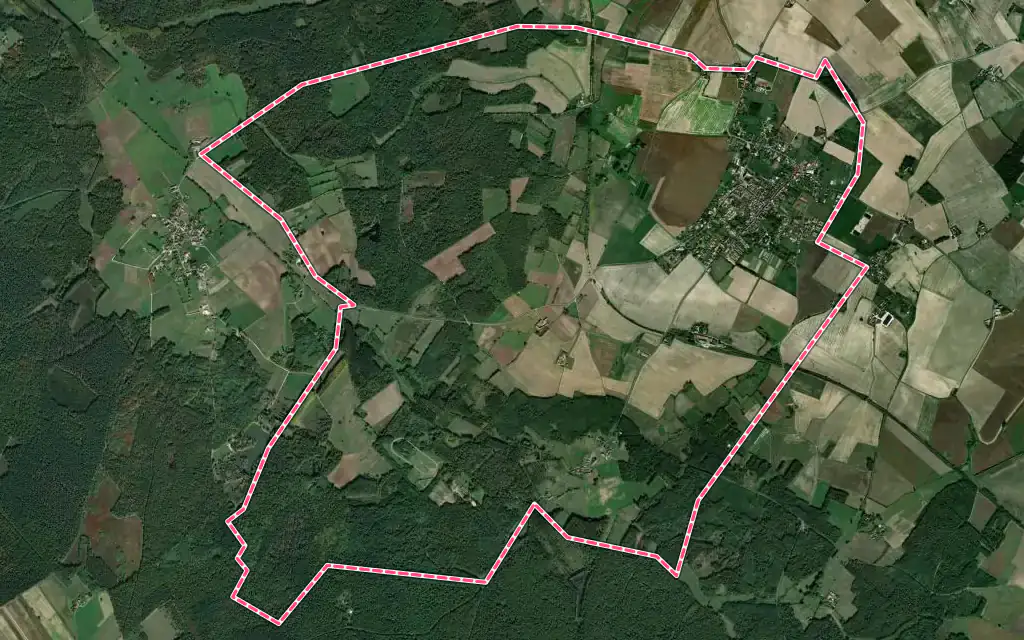Vue satellite de Monts-sur-Guesnes avec ses contours administratifs