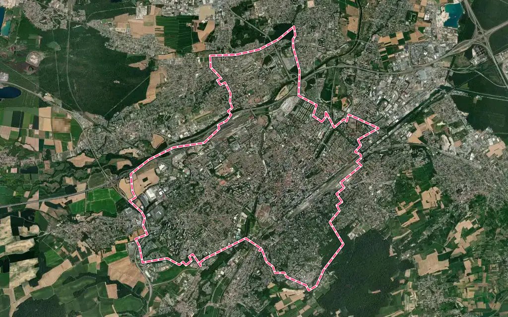 Vue satellite de Mulhouse avec ses contours administratifs
