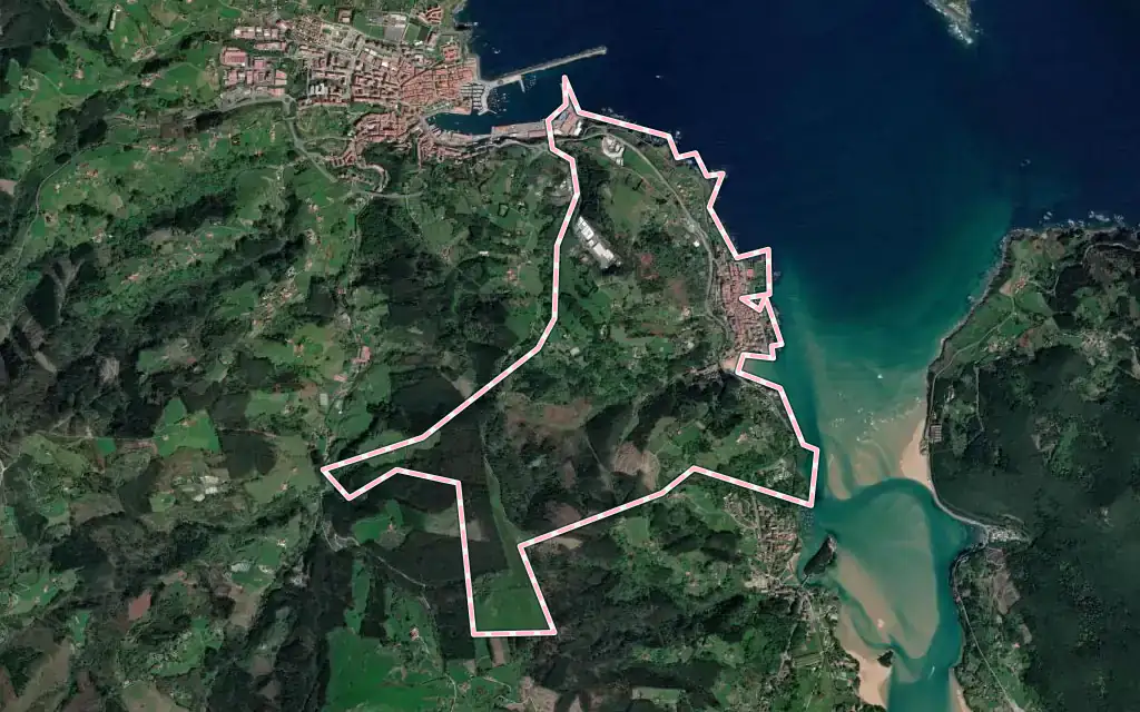 Vista satélite de Mundaka con su contorno administrativo