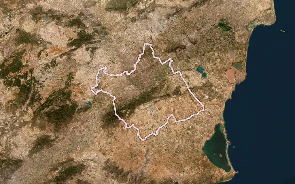Vista satélite de Murcia con su contorno administrativo