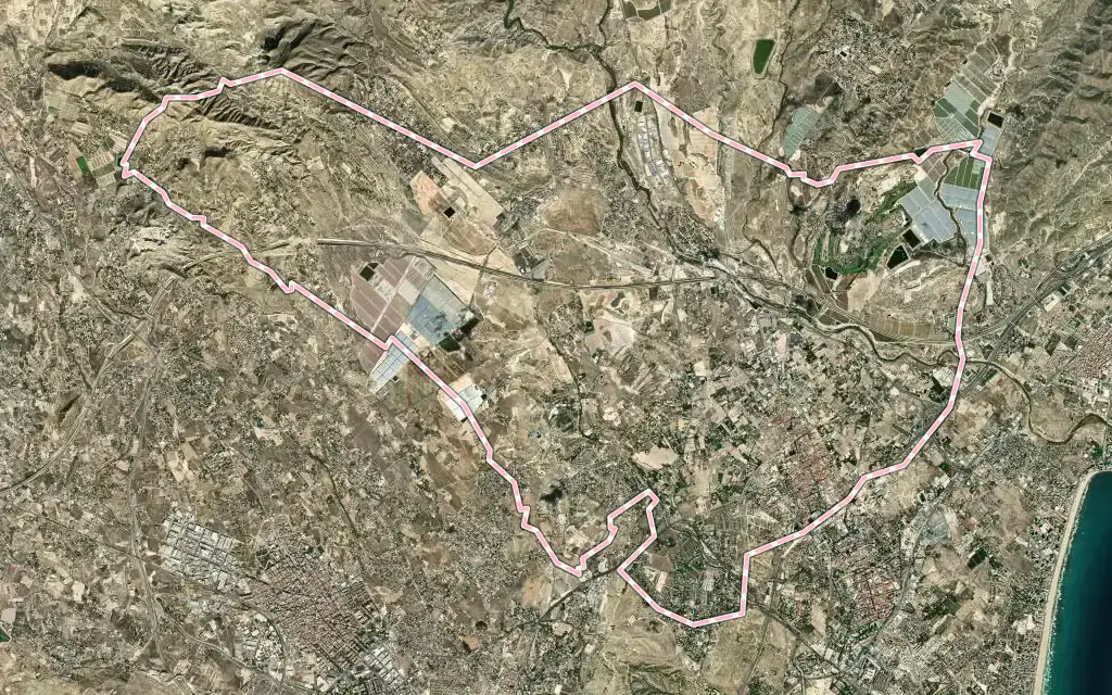 Vista satélite de Mutxamel con su contorno administrativo