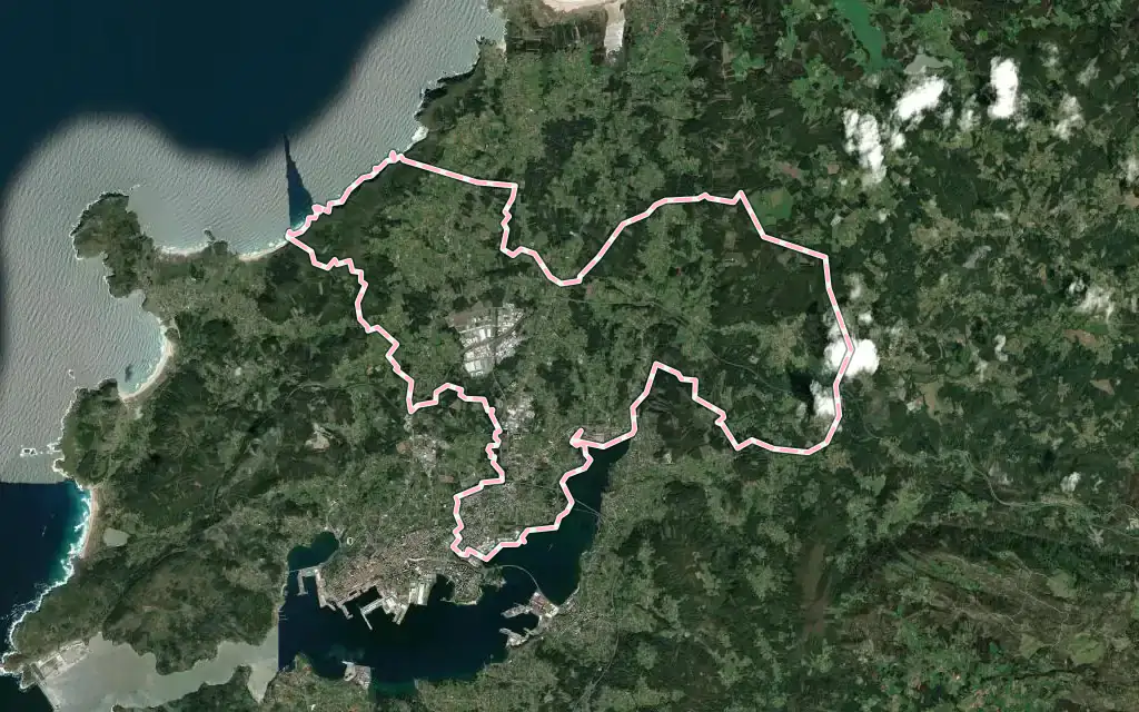 Vista satélite de Narón con su contorno administrativo