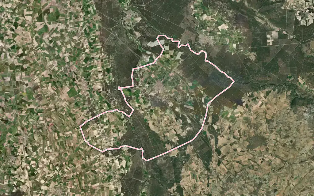 Vista satélite de Nava de la Asunción con su contorno administrativo