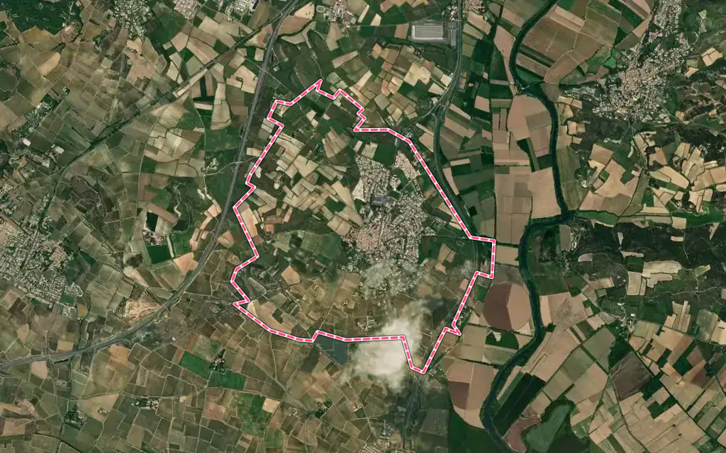 Vue satellite de Nézignan-l'Évêque avec ses contours administratifs