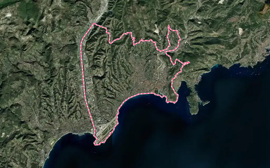 Vue satellite de Nice avec ses contours administratifs