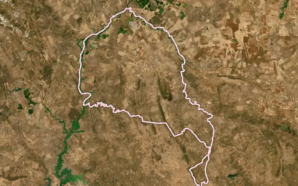 Vista satélite de Olivenza con su contorno administrativo