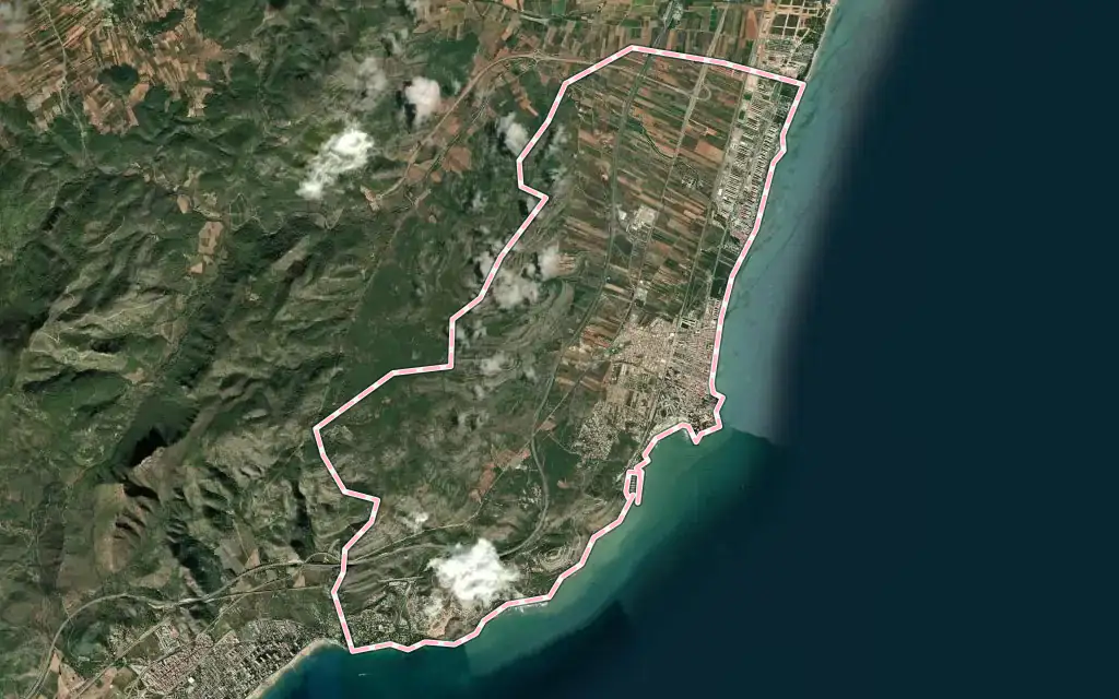 Vista satélite de Orpesa / Oropesa del Mar con su contorno administrativo