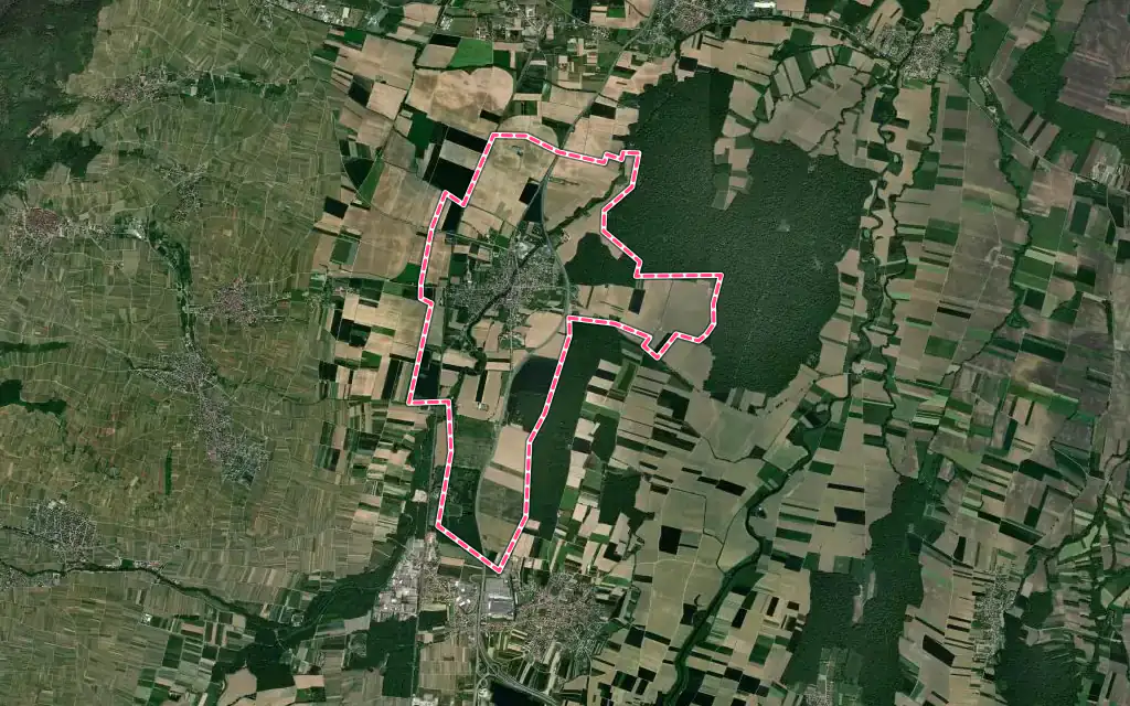 Vue satellite de Ostheim avec ses contours administratifs