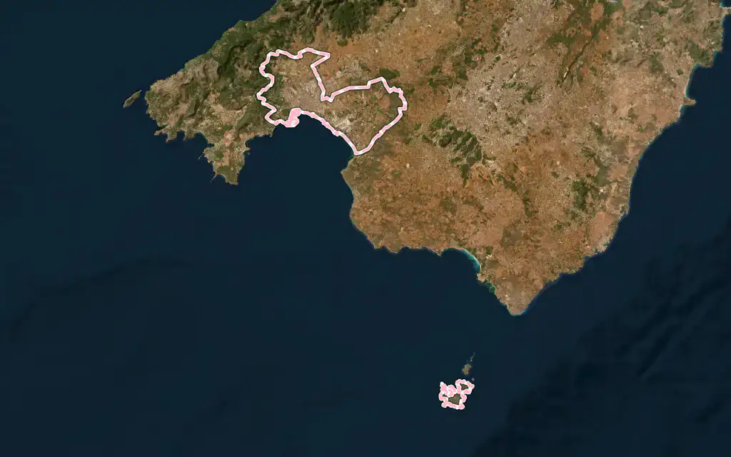 Vista satélite de Palma con su contorno administrativo