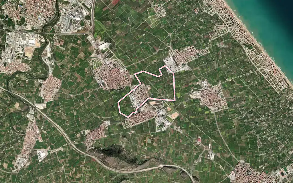 Vista satélite de Palmera con su contorno administrativo