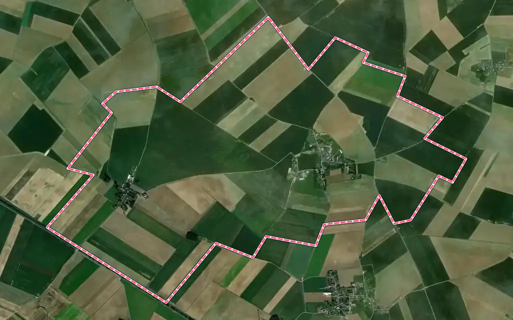 Vue satellite de Parvillers-le-Quesnoy avec ses contours administratifs