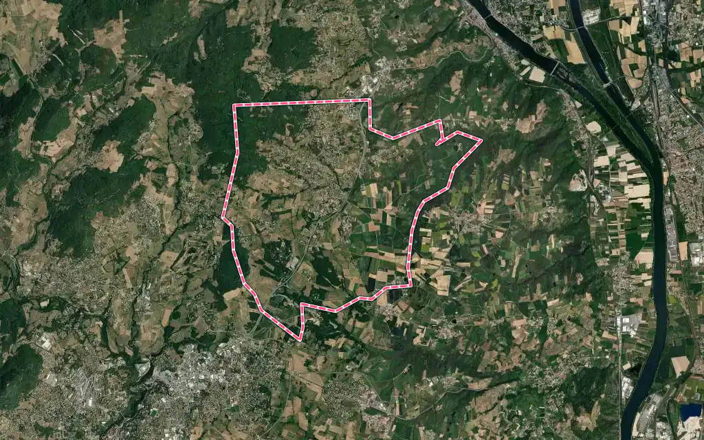 Vue satellite de Peaugres avec ses contours administratifs