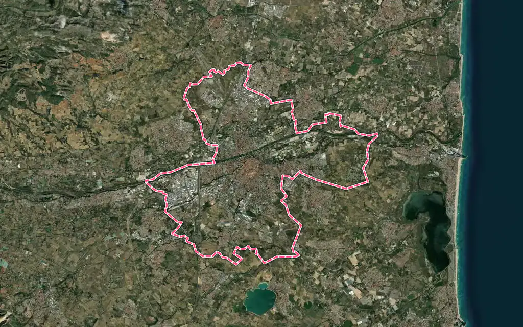 Vue satellite de Perpignan avec ses contours administratifs