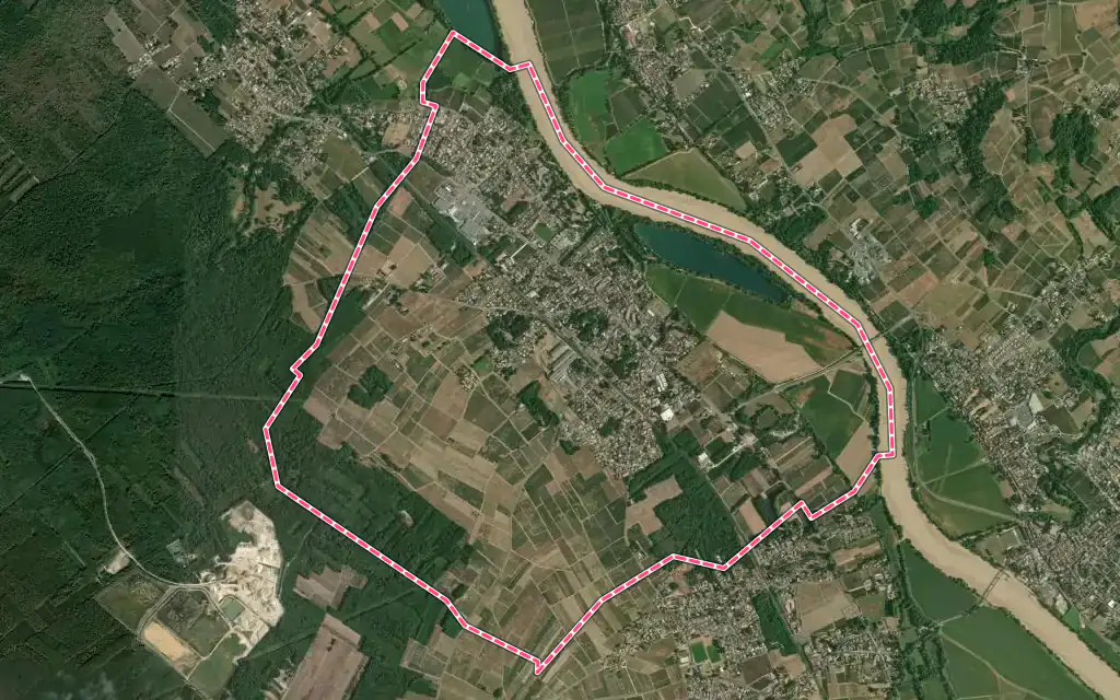 Vue satellite de Podensac avec ses contours administratifs