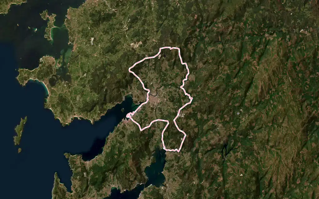 Vista satélite de Pontevedra con su contorno administrativo