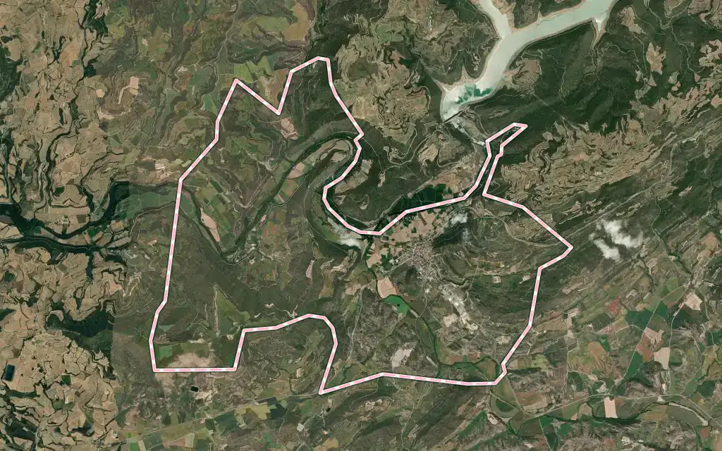 Vista satélite de Ponts con su contorno administrativo