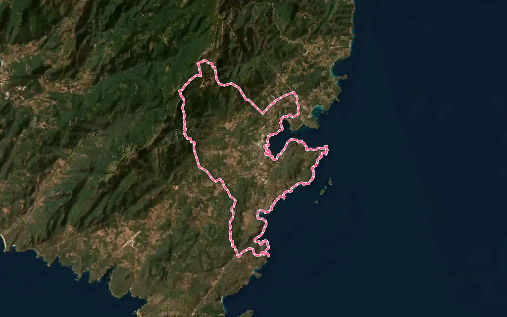 Vue satellite de Porto-Vecchio avec ses contours administratifs