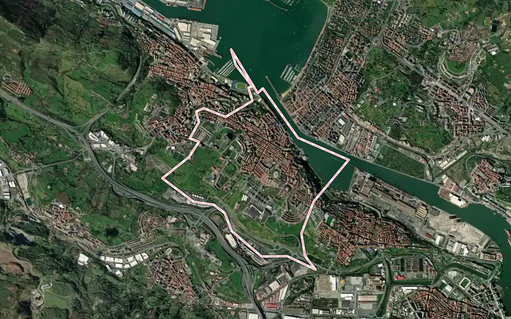Vista satélite de Portugalete con su contorno administrativo