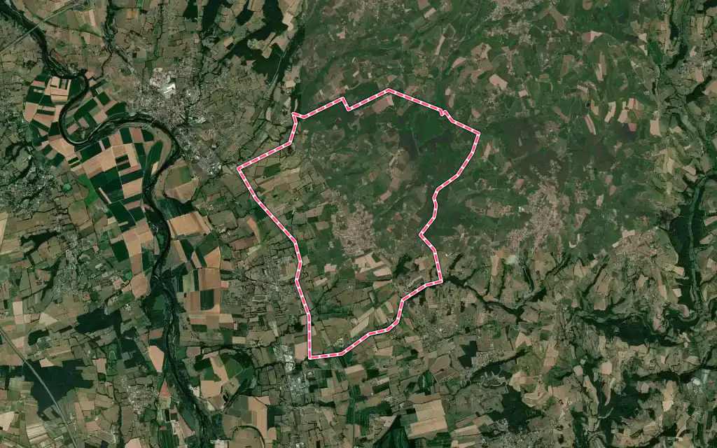 Vue satellite de Pouilly-lès-Feurs avec ses contours administratifs