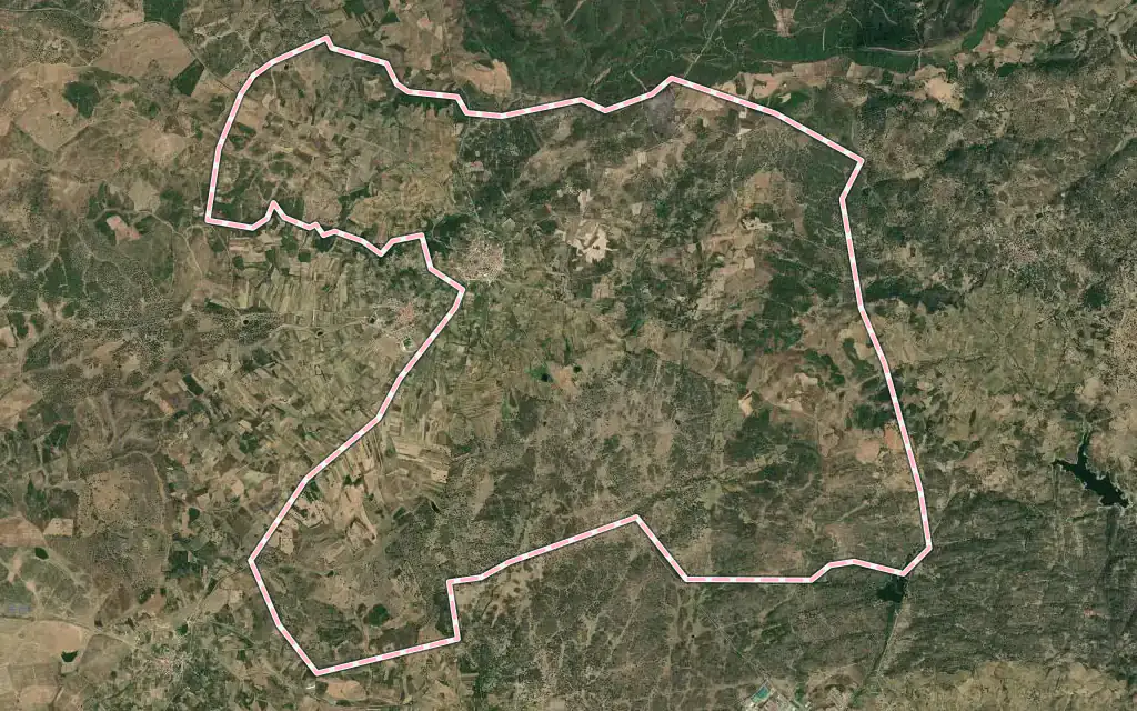 Vista satélite de Pozuelo de Zarzón con su contorno administrativo