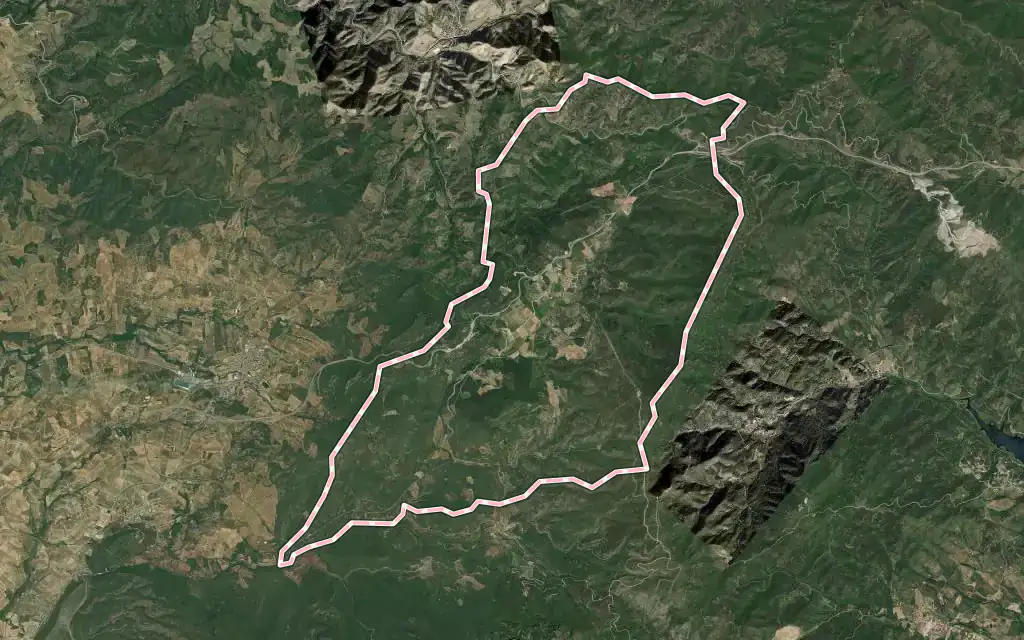 Vista satélite de Pradell de la Teixeta con su contorno administrativo