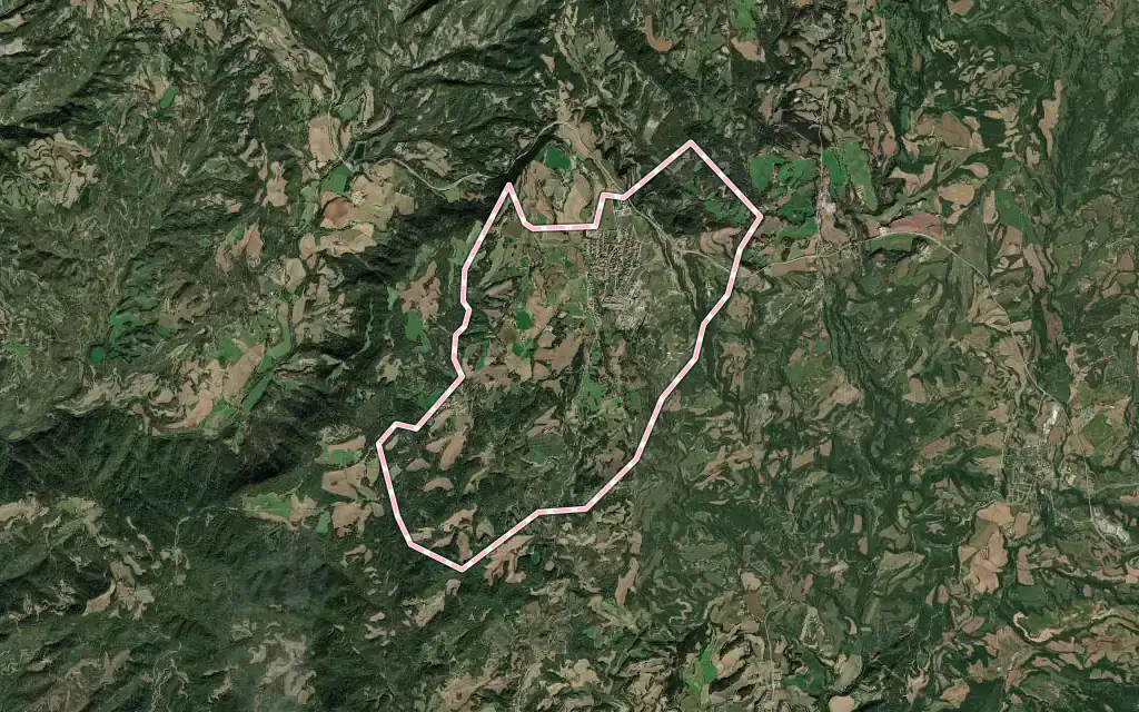 Vista satélite de Prats de Lluçanès con su contorno administrativo