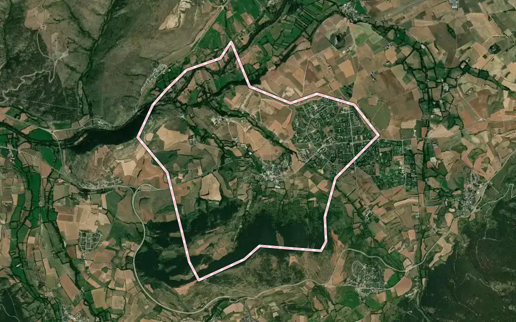 Vista satélite de Prats i Sansor con su contorno administrativo