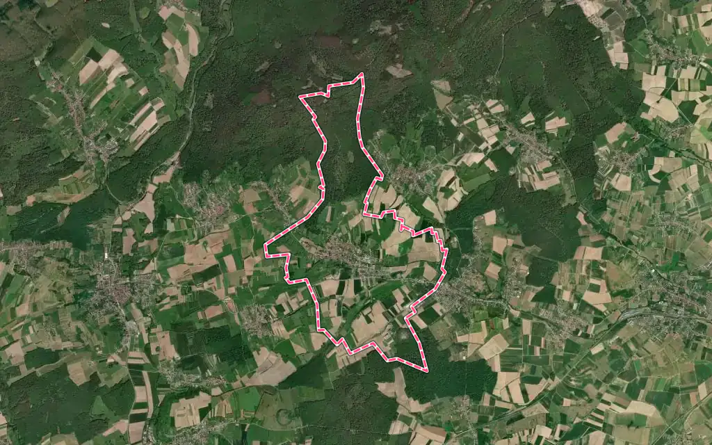Vue satellite de Preuschdorf avec ses contours administratifs