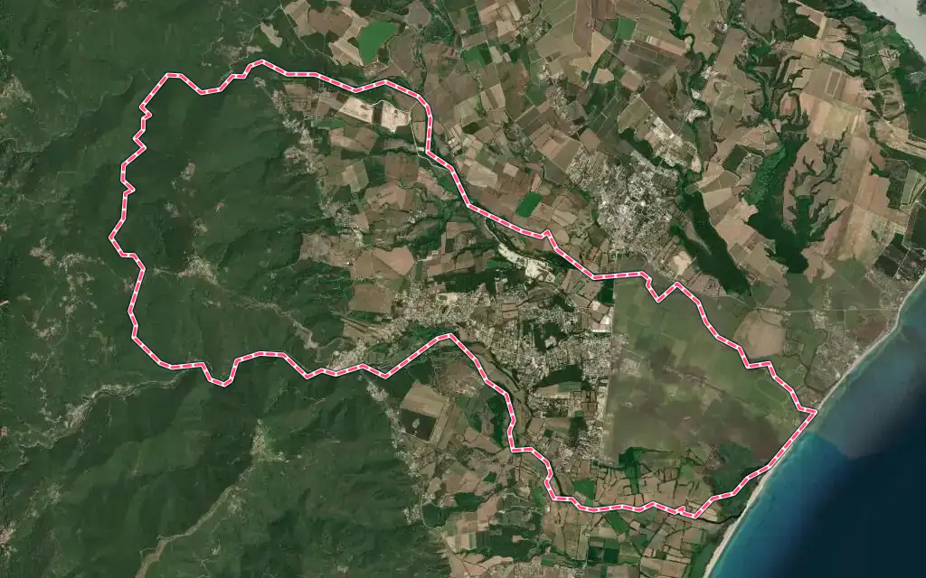 Vue satellite de Prunelli-di-Fiumorbo avec ses contours administratifs