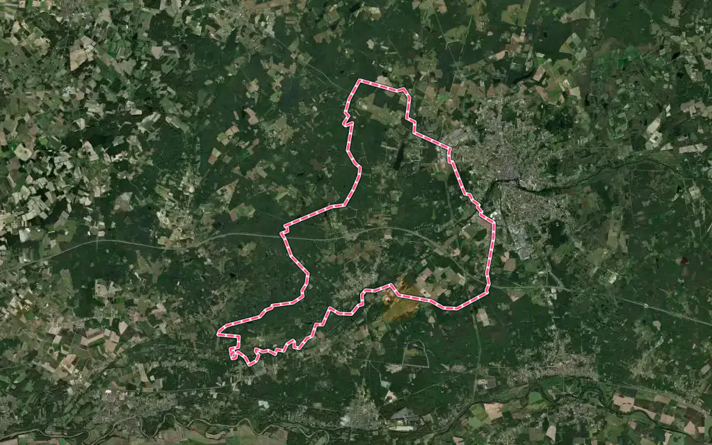 Vue satellite de Pruniers-en-Sologne avec ses contours administratifs