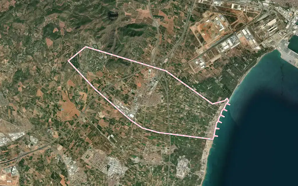 Vista satélite de Puçol con su contorno administrativo