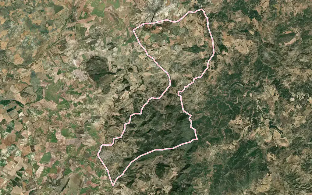 Vista satélite de Puerto Serrano con su contorno administrativo