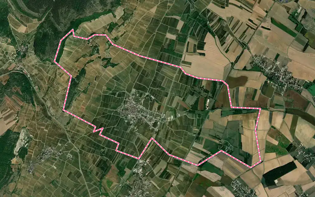 Vue satellite de Puligny-Montrachet avec ses contours administratifs