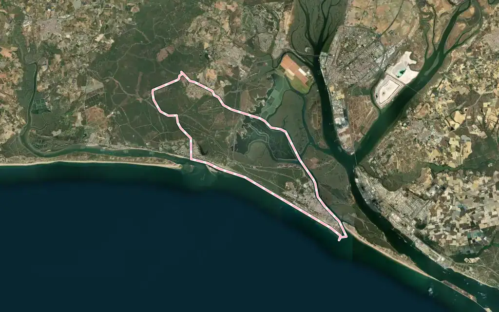 Vista satélite de Punta Umbría con su contorno administrativo