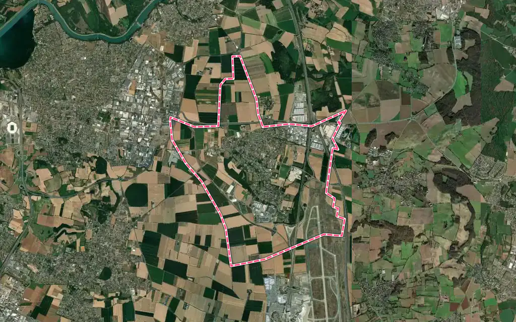 Vue satellite de Pusignan avec ses contours administratifs