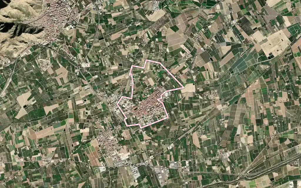 Vista satélite de Rafal con su contorno administrativo