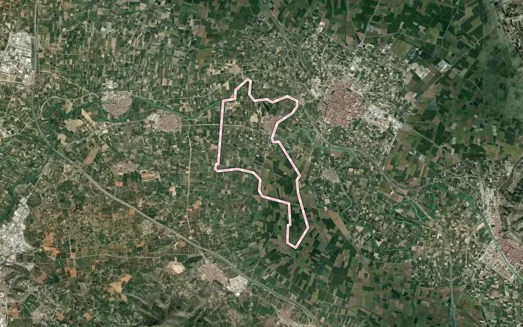 Vista satélite de Riola con su contorno administrativo