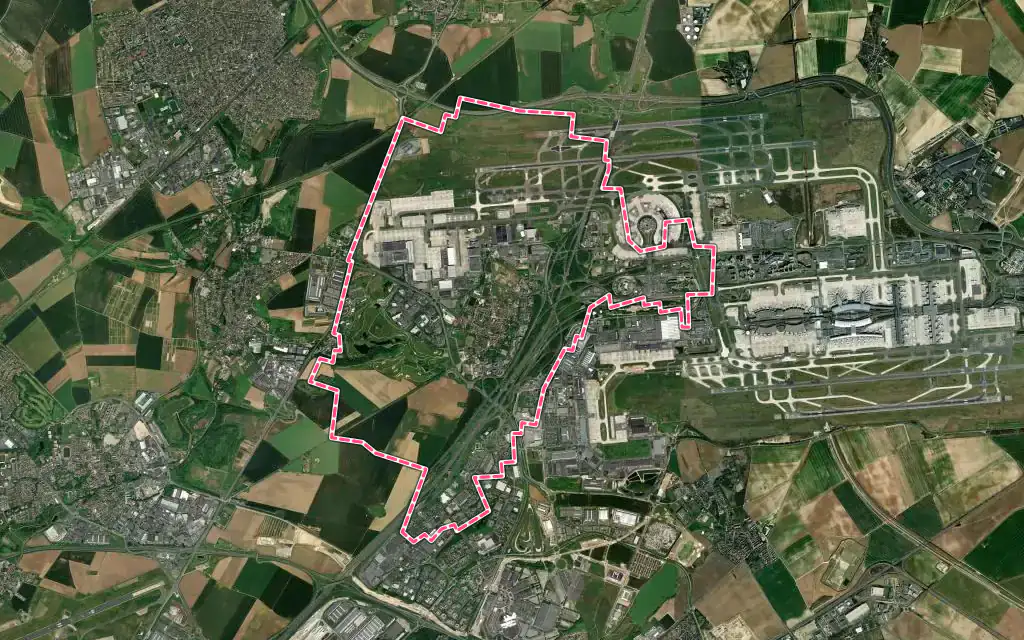 Vue satellite de Roissy-en-France avec ses contours administratifs