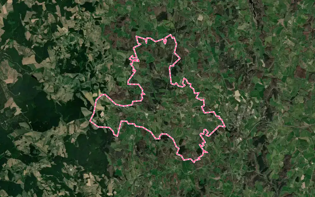 Vue satellite de Roumégoux avec ses contours administratifs