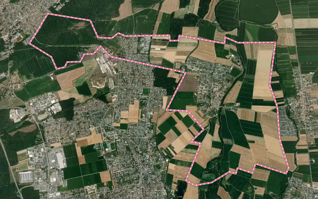 Vue satellite de Ruelisheim avec ses contours administratifs
