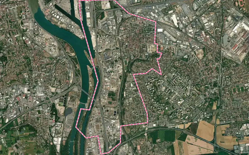 Vue satellite de Saint-Fons avec ses contours administratifs
