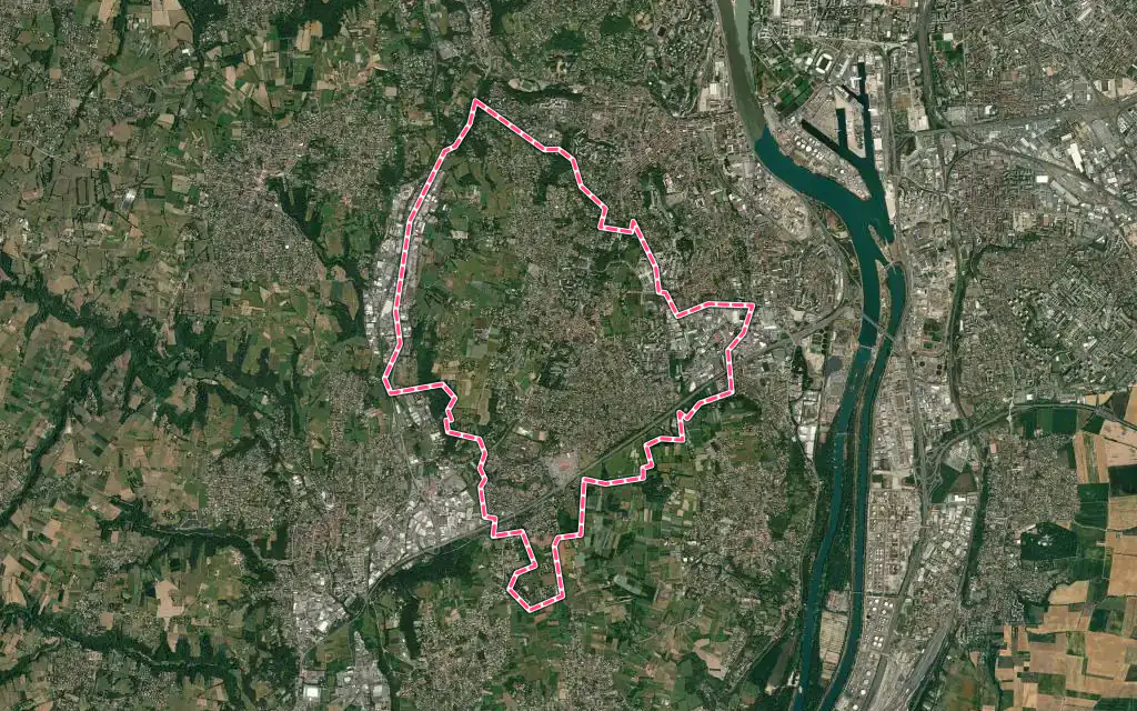 Vue satellite de Saint-Genis-Laval avec ses contours administratifs