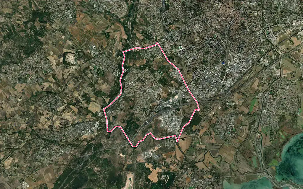 Vue satellite de Saint-Jean-de-Védas avec ses contours administratifs